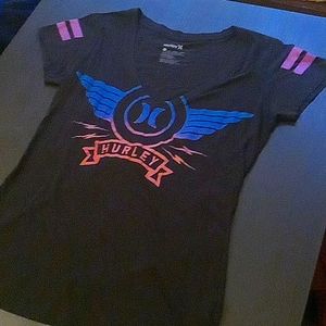 Hurley, Black T-Shirt With Blue/Pink Hurley Logo, Size Large But Fits a Medium